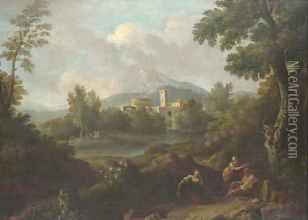 An Italianate landscape with classical buildings and figures by a lake Oil Painting - Jan Frans Van Bloemen (Orizzonte)