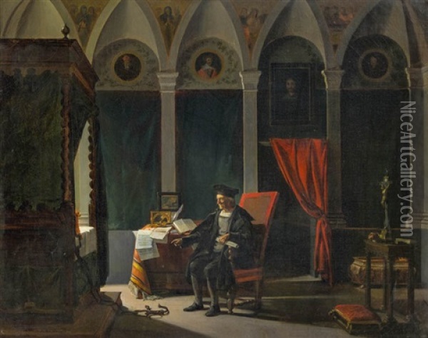 Christoph Columbus Im Studienzimmer Oil Painting - Francois Marius Granet