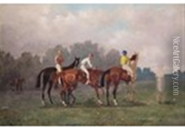 Racehorses Lining Up, Unfinished Oil Painting - Rene Pierre Charles Princeteau