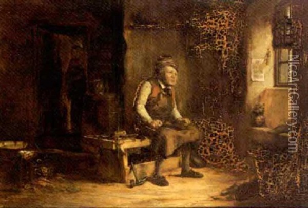 A Cobbler In An Interior, Looking At A Bird In A Cage Oil Painting - Alexander Fraser the Elder