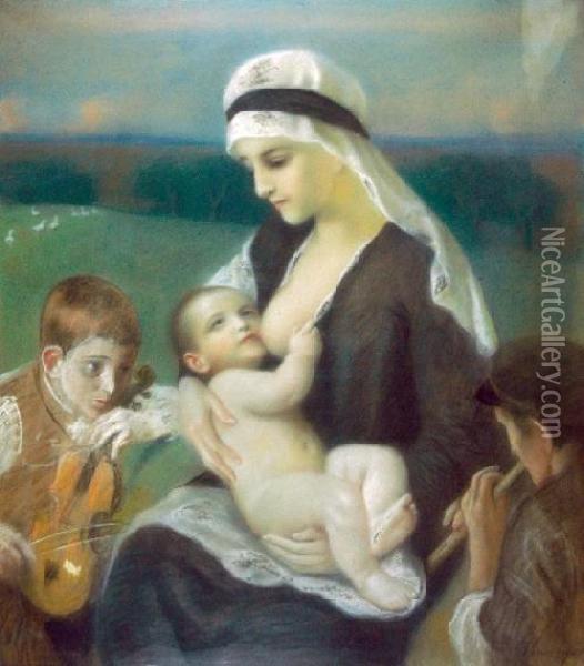 Madonna Z Dzieciatkiem I Muzykanci Oil Painting - Jozef Unierzyski