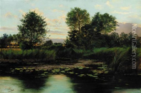 Sunset Over The Lily Pond Oil Painting - Paul Biva