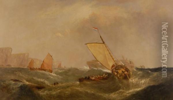 Oil On Canvas,fishing Vessels 
Rescuing Sailors From A Ship Wreck Off The Coast,signed With Inscription
 Verso. 