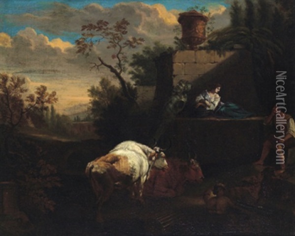 Rastende Hirten Mit Herde Vor Romischen Ruinen Oil Painting - Johann Heinrich Roos