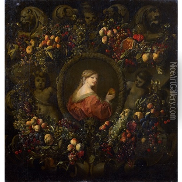 Portrait De Dame Avec Une Pomme Dans Une Couronne De Fruits Oil Painting - Ottmar Elliger the Elder
