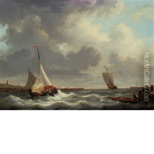 Ships Off Shore Under A Dark Sky Oil Painting - George Laurens Kiers