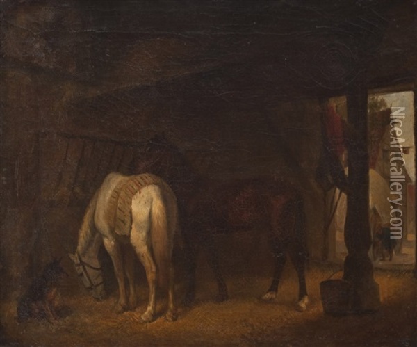 Pferde Im Stall Oil Painting - William Hahn