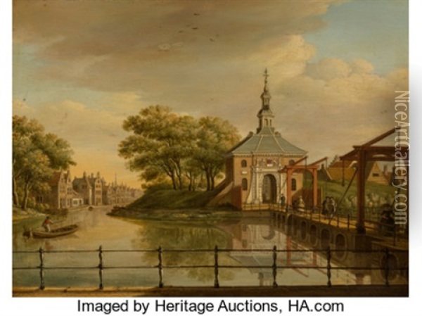 View Of The Zijlpoort, Leiden; View Of The Witte Poort, Leiden, 1773 (a Pair) Oil Painting - Paulus Constantijn la (La Fargue) Fargue