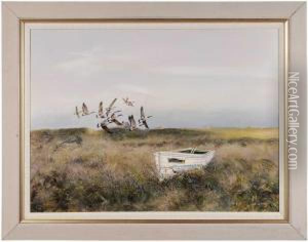 Canada Geese Flying Over Grassy Dunes Oil Painting - John Rathbone
