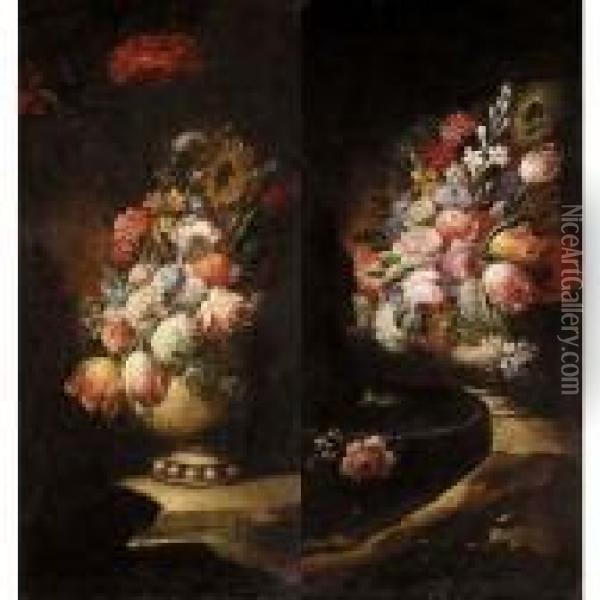 Still Lifes Of Various Flowers In Vases Resting On Flat Stones Oil Painting - Gasparo Lopez