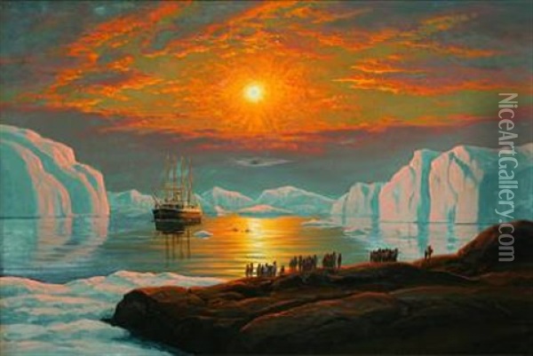 "s/s Gertrud Rask" In The Midnight Sun Oil Painting - Emanuel A. Petersen