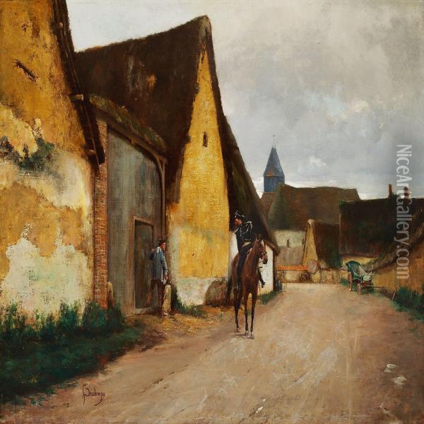 Man On Horseback In A French Village Oil Painting - Louis Henri Deschamps