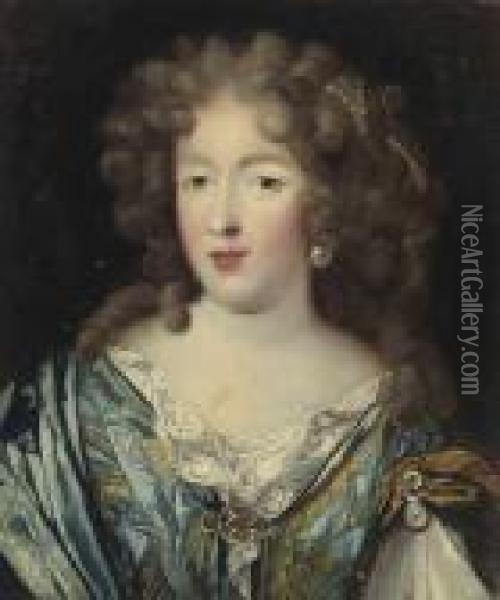 Portrait Of A Lady, Bust-length, In A Blue And Gold Dress, With
Pearl Ornaments In Her Hair Oil Painting - Pierre Le Romain I Mignard