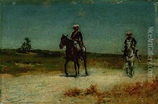 Two Soldiers In A Landscape Oil Painting - Jose Moreno Carbonero