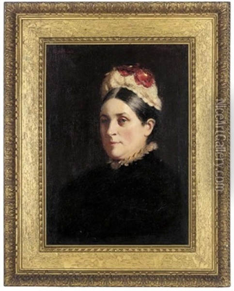 Portrait Of Eliza Horne In A Black Dress With Red Flowers In Her Hat Oil Painting - Garden Grant Smith
