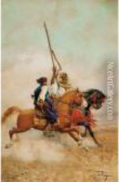 Deux Cavaliers Arabes Au Galop Oil Painting - Giulio Rosati