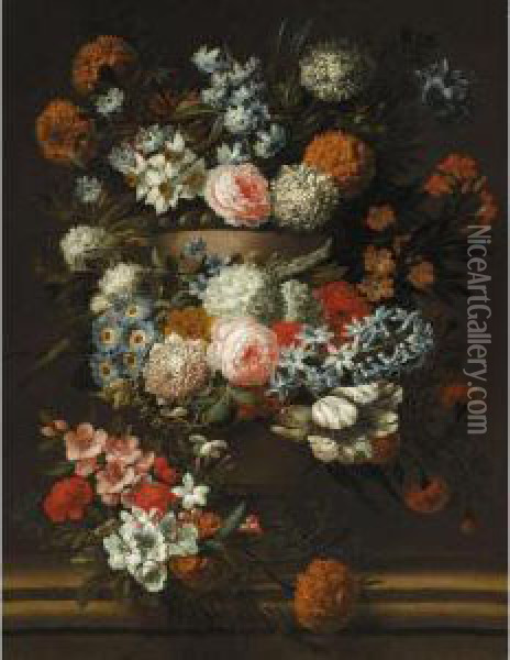 A Still Of Flowers In A Stone Urn, Including Roses And Chrysanthemums Oil Painting - Jan-baptist Bosschaert