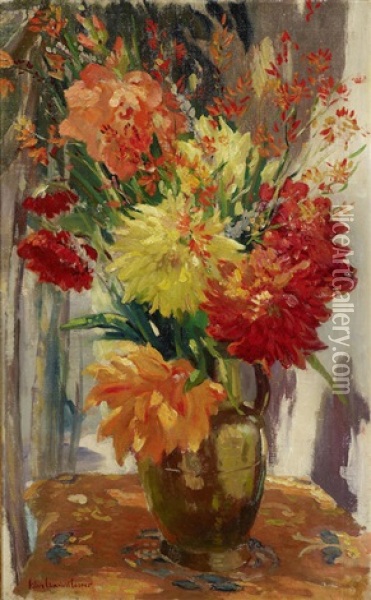 Floral Still Life (mums And Crocosmia) Oil Painting - Colin Campbell Cooper