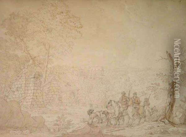Chasseurs Dans Un Paysage De Foret Etde Forge De Paimpont Oil Painting - Marquis De Breuilpont