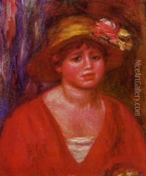 Bust Of A Young Woman In A Red Blouse Oil Painting - Pierre Auguste Renoir