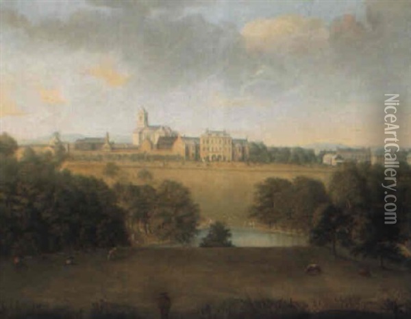 View Of House And Church In A Park, With Lake And Sheep In Foreground Oil Painting - George Cuitt the Elder