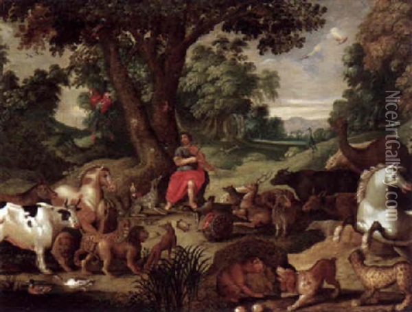 Orpheus Mit Den Tieren Unter Einem Baum In Weitlaufiger Waldlandschaft Oil Painting - Frederik Bouttats the Elder