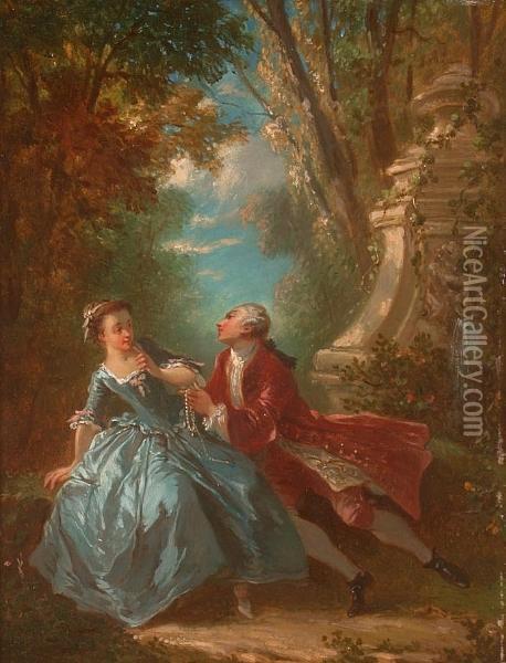 A Courting Couple In A Garden; A Companion Oil Painting - Jean-Baptiste Huet I