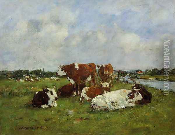 Pasturage on the Banks of the Touques Oil Painting - Eugene Boudin