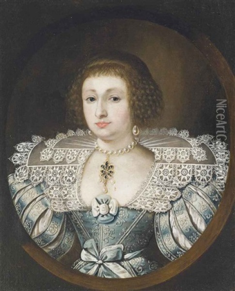 Portrait Of A Lady, Half-length, In A Blue Dress With Slashed Sleeves And A Lace Ruff, In A Feigned Oval Oil Painting - Jan Mytens