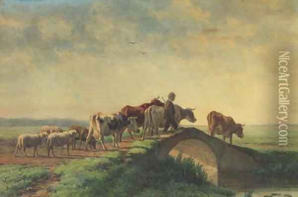 A herdsman with flock crossing a ditch Oil Painting - Pieter Stortenbeker