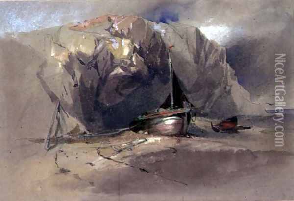 A Fishing Smack and a Small Boat drawn up on the Shore Beneath a Rocky Cliff Oil Painting - Henry Bright