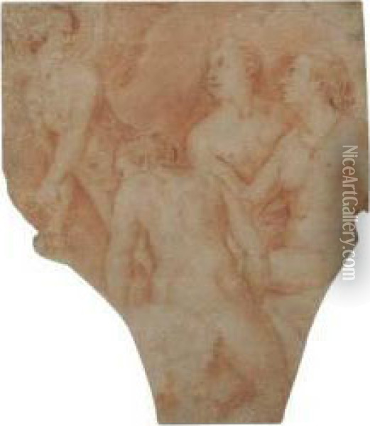 Mythological Scene With Three Nudes And A Wingedfigure Oil Painting - Giov. Ant.De'Sacchis Pordenone