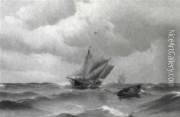 Marine Med Sejlskibe Og Rob+d Oil Painting - Vilhelm Victor Bille