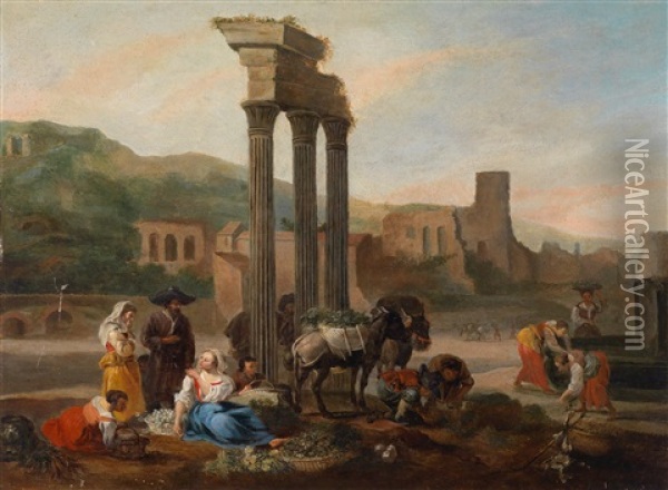 Marktfrauen Vor Romischen Ruinen Oil Painting - Hendrick Mommers
