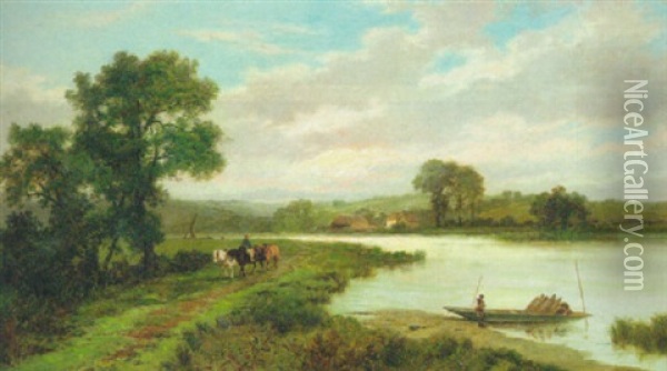 Shire Horses On A Tow Path Near Knowl Hill Oil Painting - Leopold Rivers