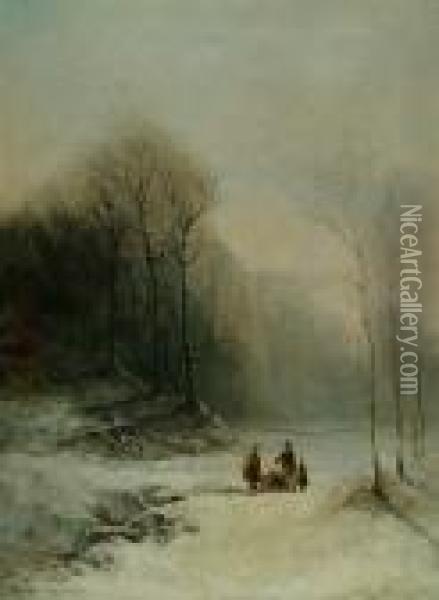 'a Family Collecting Sticks On A Winter's Evening' Oil Painting - Eugene Berthelon