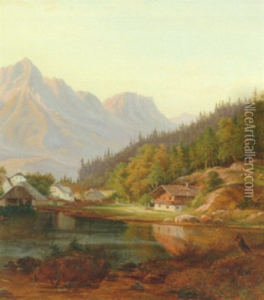 Alpelandskab Fra Tyrol Med Hytter Ved En So, I Baggrunden Bjerge Oil Painting - Frederik Christian Jacobsen Kiaerskou