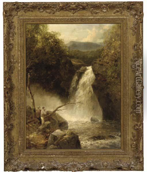 Figures Overlooking A Waterfall Oil Painting - John Brandon Smith