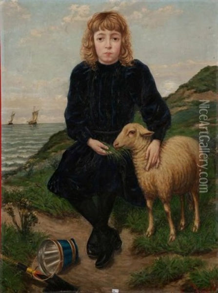 Fillette Et Son Mouton Dans Les Dunes Oil Painting - Jan-Baptist Lesaffre