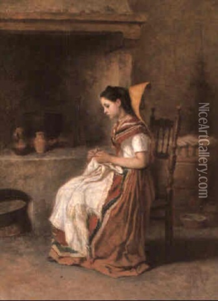By The Fire Oil Painting - Theodore Valerio