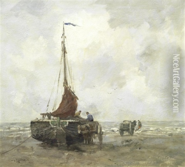 Unloading The Catch Oil Painting - Willem George Frederik Jansen