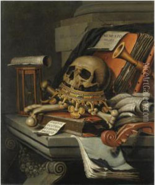 A Vanitas Still Life With A Skull Surmounting A Crown Oil Painting - Edwart Collier