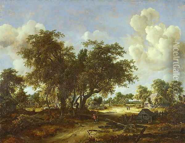 Wooded Landscape with Cottages 1665 Oil Painting - Meindert Hobbema