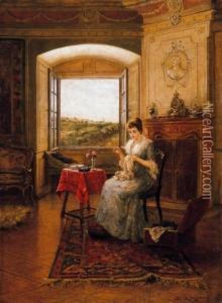 Sewing Woman Oil Painting - Lajos Bruck