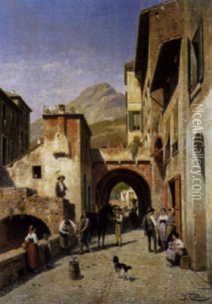 Une Rue A Monte-rosso, Bords De La Mediterranee (italie) Oil Painting - Jacques Francois Carabain