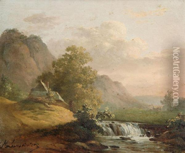 Mountainous Landscape With House Near A Waterfall Oil Painting - Jean-Pierre-Francois Lamoriniere