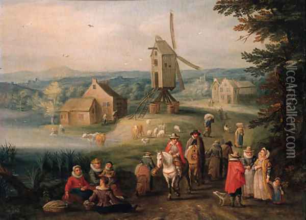Travellers and peasants on a country road, a windmill beyond Oil Painting - Karel Beschey