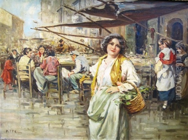 At An Italian Market Oil Painting - Giuseppe Pitto