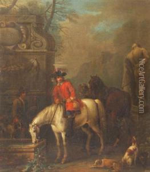 Hunting Parties In Classical Landscapes Oil Painting - John Wootton