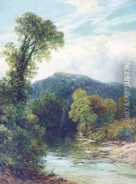 A Quiet River Landscape With Fishermen Oil Painting - Frederick William Hulme